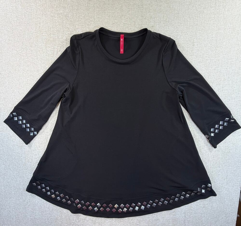 IC by Connie K Womens Large Black Silver Embellished Long Sleeve Tunic Top Shirt